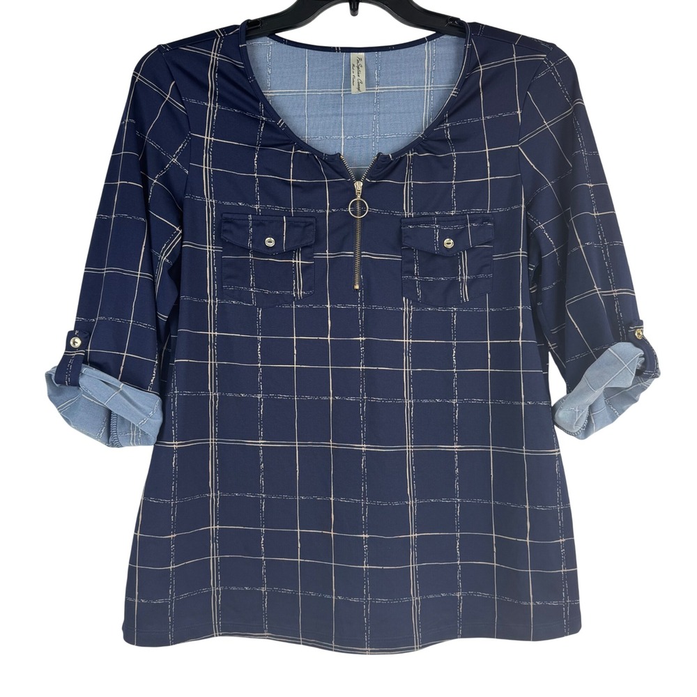 PerSeption Navy Blue Women Plaid Zip Front Shirt‎ Roll Tab 3/4 Sleeve Large